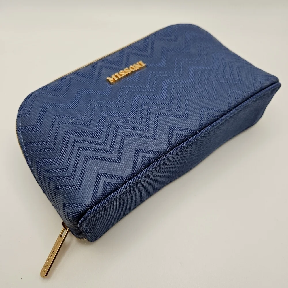 NEW Missoni Delta Luxury Blue Chevron Gold Logo Travel Cosmetic Case Bag